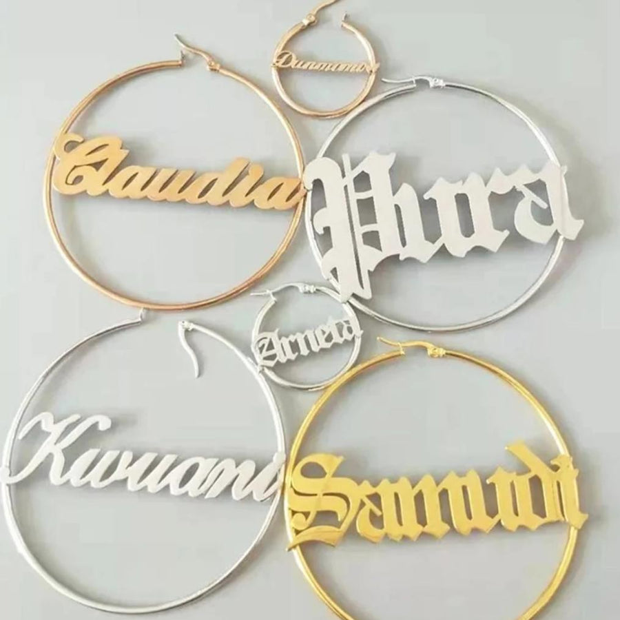 Old English Nameplate Hoops - Darlings Jewelry | Express Yourself Through Bling!