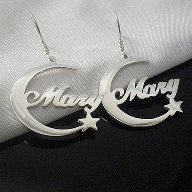 Moon Star Nameplate Earrings - Darlings Jewelry | Express Yourself Through Bling!